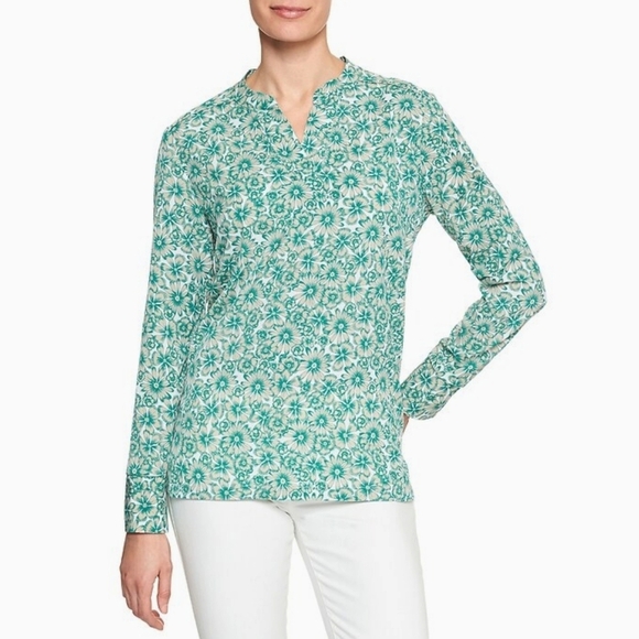 Banana Republic Factory Tops - BANANA REPUBLIC FACTORY Teal Beige Floral Print Notch Neck Long Sleeve Top, MP